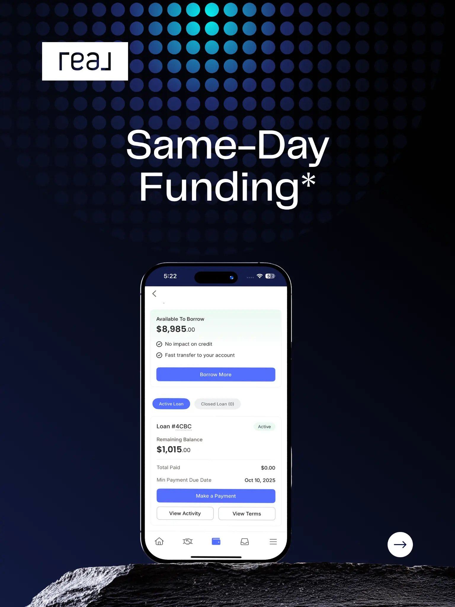 Real same-day funding mobile app preview on dark technology background