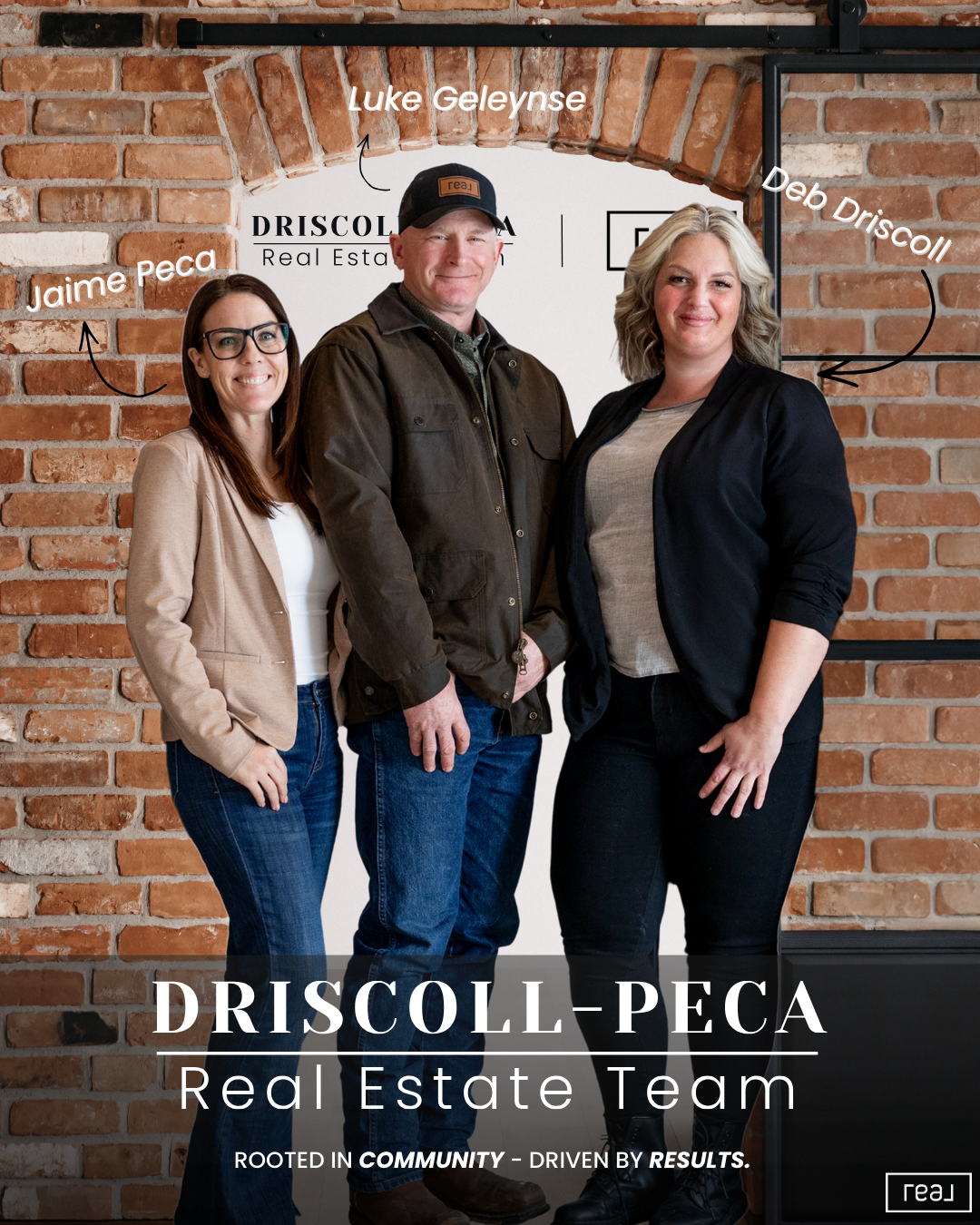 Driscoll Peca Real Estate Team leadership photo in front of a brick wall and team branding