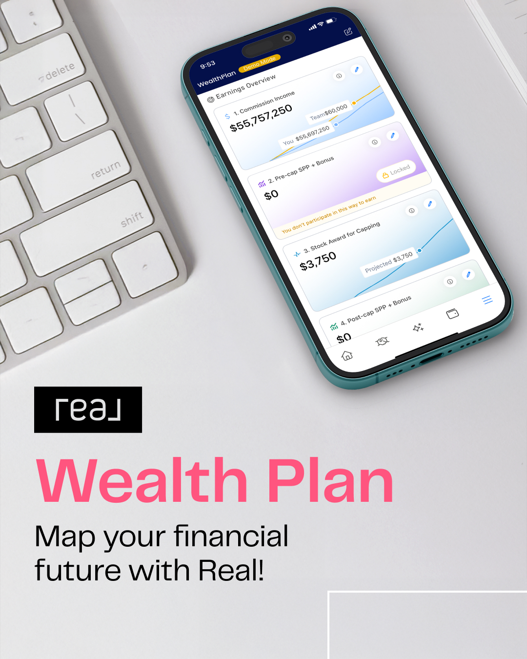 Real WealthPlan mobile app preview showing earnings overview and financial planning paths